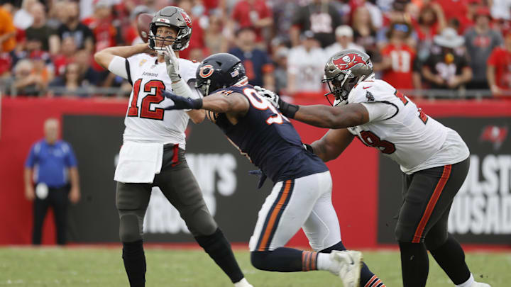 Tom Brady attempts to get off against the Bears in the 2021 season. Worrying about how Brady once could have been a Bear is like worrying about how Terry Bradshaw could have been a Bear. Tom Brady attempts to get off against the Bears in the 2021 season. Worrying about how Brady once could have been a Bear is like worrying about how Terry Bradshaw could have been a Bear.