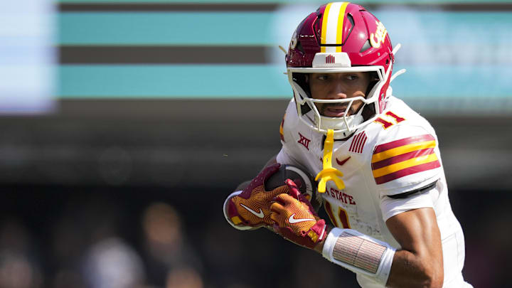 Oct 4, 2025; Cincinnati, Ohio, USA;  Iowa State Cyclones wide receiver Dominic Overby (11) makes a catch against the Cincinnati Bearcats in the first half at Nippert Stadium.