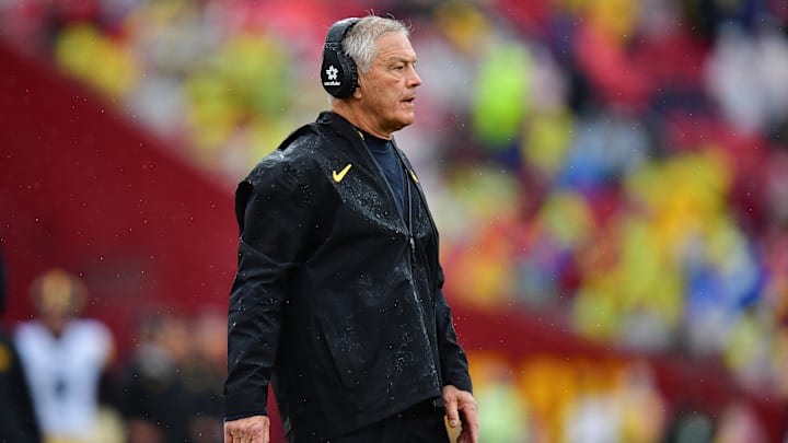 Nov 15, 2025; Los Angeles, California, USA; Iowa Hawkeyes head coach Kirk Ferentz watches game action against the Southern California Trojans during the first half at the Los Angeles Memorial Coliseum. Mandatory Credit: Gary A. Vasquez-Imagn Images