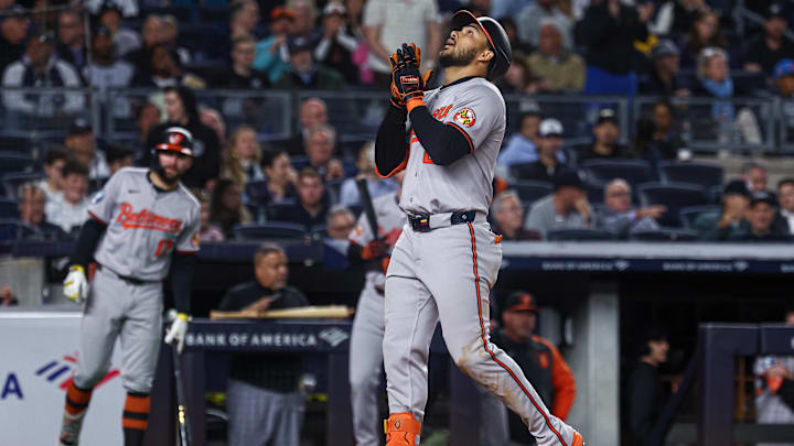 Sep 24, 2024; Bronx, New York, USA; Baltimore Orioles right fielder Anthony Santander (25) celebrates after hitting a solo home run during the sixth inning against the New York Yankees at Yankee Stadium.