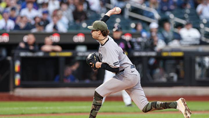 May 15, 2026; New York City, New York, USA; New York Yankees pitcher Cam Schlittler (31) delivers a pitch during the first inning against the New York Mets at Citi Field. Mandatory Credit: Vincent Carchietta-Imagn Images
