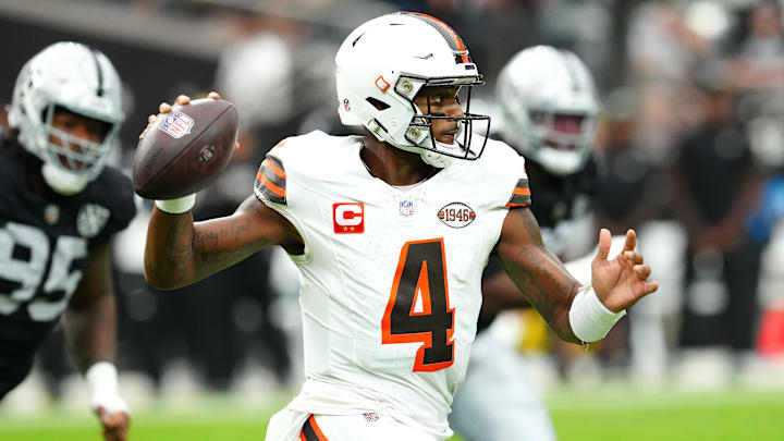 Sep 29, 2024; Paradise, Nevada, USA; Cleveland Browns quarterback Deshaun Watson (4) looks to make a pass against the Las Vegas Raiders during the first quarter at Allegiant Stadium. Mandatory Credit: Stephen R. Sylvanie-Imagn Images Sep 29, 2024; Paradise, Nevada, USA; Cleveland Browns quarterback Deshaun Watson (4) looks to make a pass against the Las Vegas Raiders during the first quarter at Allegiant Stadium. Mandatory Credit: Stephen R. Sylvanie-Imagn Images