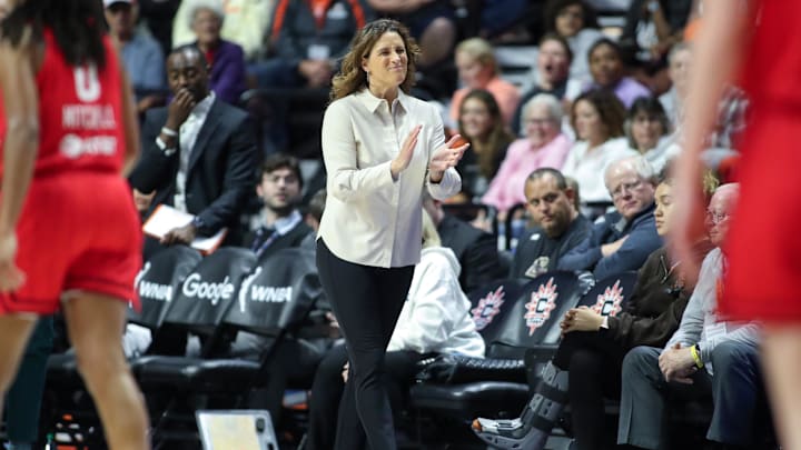 Sep 25, 2024; Uncasville, Connecticut, USA; Connecticut Sun head coach Stephanie White reacts during the first half against the Indiana Fever during game two of the first round of the 2024 WNBA Playoffs at Mohegan Sun Arena. Mandatory Credit: Paul Rutherford-Imagn Images