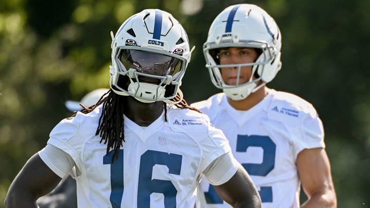 Jul 31, 2026; Westfield, IN, USA; Indianapolis Colts wide receiver Ashton Dulin (16) and Indianapolis Colts wide receiver Josh Downs (2) participate in a drill on day three of training camp at Grand Park Sports Campus. Mandatory Credit: Robert Goddin-Imagn Images Jul 31, 2026; Westfield, IN, USA; Indianapolis Colts wide receiver Ashton Dulin (16) and Indianapolis Colts wide receiver Josh Downs (2) participate in a drill on day three of training camp at Grand Park Sports Campus. Mandatory Credit: Robert Goddin-Imagn Images