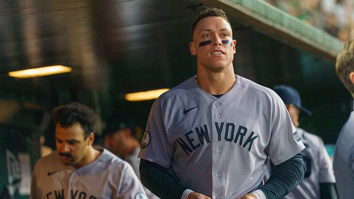 May 30, 2026; West Sacramento, California, USA; New York Yankees right fielder Aaron Judge (99) prepares to go back out for the bottom half of the sixth inning against the Athletics at Sutter Health Park. Mandatory Credit: Neville E. Guard-Imagn Images