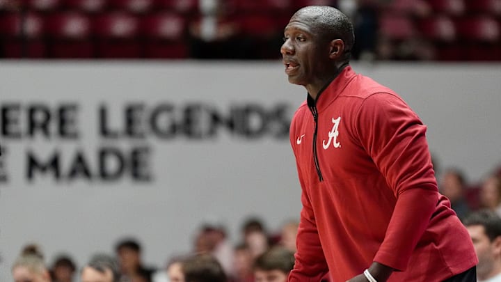 The University of Alabama unveiled the first banner honoring the school’s first Final Four appearance Friday, Oct. 11, 2024, in Coleman Coliseum. Assistant coach Preston Murphy coaches the white team during the scrimmage.
