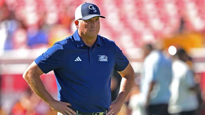 Georgia Southern Eagles head coach Clay Helton looks on prior to the game against the USC Trojans