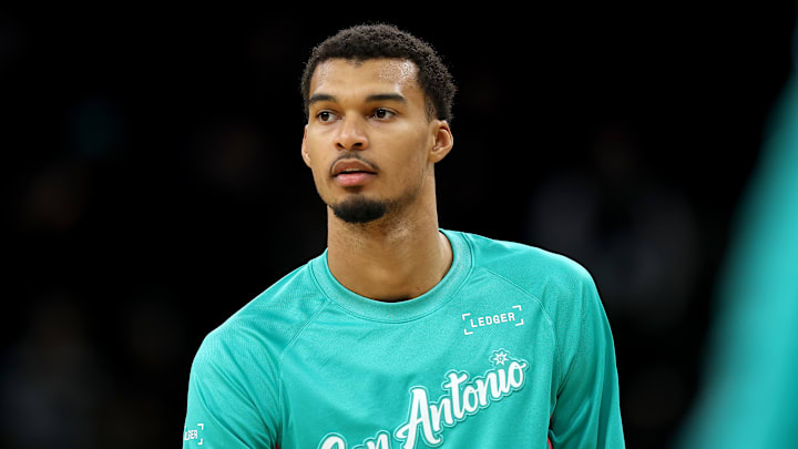 San Antonio Spurs center Victor Wembanyama (1) before a game against the Cleveland Cavaliers.