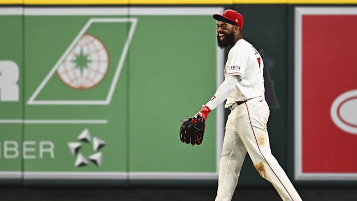 Apr 4, 2026; Anaheim, California, USA; Los Angeles Angels right fielder Jo Adell (7) reacts after making a catch against the Seattle Mariners during the ninth inning at Angel Stadium. Mandatory Credit: Jonathan Hui-Imagn Images Apr 4, 2026; Anaheim, California, USA; Los Angeles Angels right fielder Jo Adell (7) reacts after making a catch against the Seattle Mariners during the ninth inning at Angel Stadium. Mandatory Credit: Jonathan Hui-Imagn Images