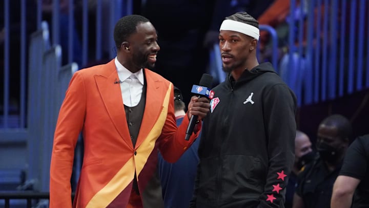 Draymond Green interviews Jimmy Butler after the 2022 NBA All-Star Game at Rocket Mortgage FieldHouse.