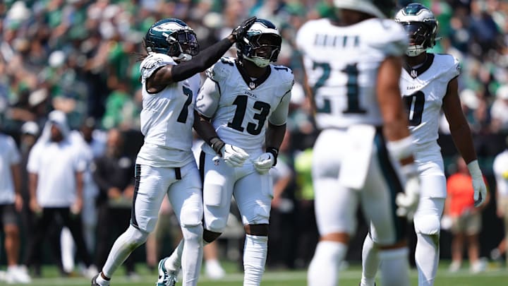 Aug 16, 2025; Philadelphia, Pennsylvania, USA; Philadelphia Eagles linebacker Azeez Ojulari (13) reacts after recording a sack against the Cleveland Browns in the first half at Lincoln Financial Field. Mandatory Credit: Kyle Ross-Imagn Images