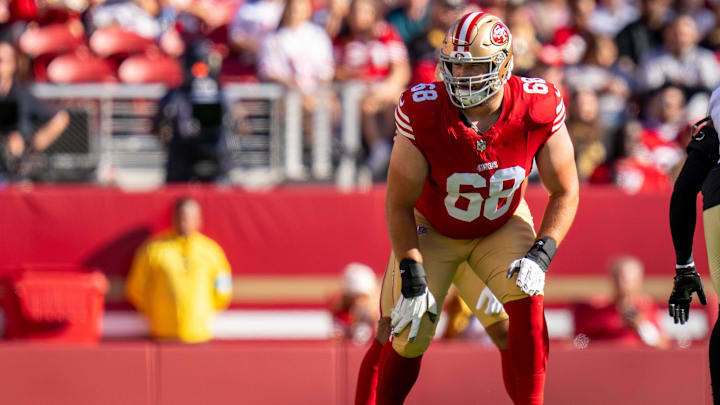 August 18, 2024; Santa Clara, California, USA; San Francisco 49ers offensive tackle Colton McKivitz (68) during the first quarter against the New Orleans Saints at Levi's Stadium. Mandatory Credit: Kyle Terada-Imagn Images