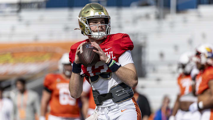 Jan 29, 2025; Mobile, AL, USA; American team quarterback Riley Leonard of Notre Dame (13) warms up during Senior Bowl practice for the National team at Hancock Whitney Stadium. Mandatory Credit: Vasha Hunt-Imagn Images Jan 29, 2025; Mobile, AL, USA; American team quarterback Riley Leonard of Notre Dame (13) warms up during Senior Bowl practice for the National team at Hancock Whitney Stadium. Mandatory Credit: Vasha Hunt-Imagn Images