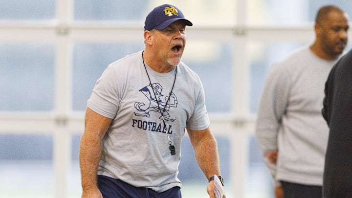 Defensive line coach Charlie Partridge during a Notre Dame football practice at Irish Athletic Center on Wednesday, April 8, 2026, in South Bend.
