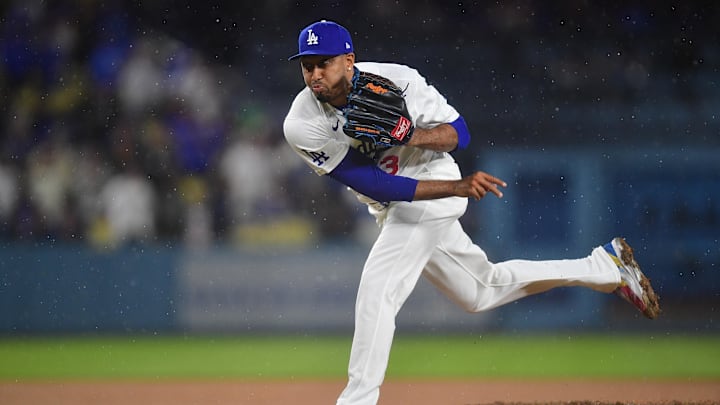 Mar 31, 2026; Los Angeles, California, USA; Los Angeles Dodgers pitcher Edwin Diaz (3) throws against the Cleveland Guardians during the ninth inning at Dodger Stadium. Mandatory Credit: Gary A. Vasquez-Imagn Images