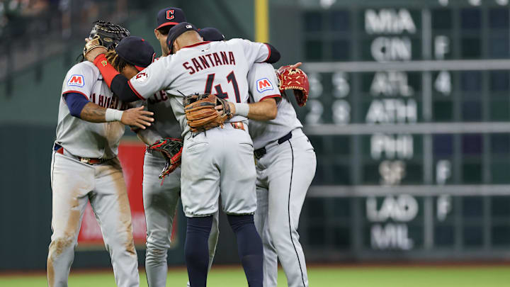 Jul 9, 2025; Houston, Texas, USA; Cleveland Guardians first baseman Carlos Santana (41) and teammates celebrate after defeating the Houston Astros at Daikin Park. Mandatory Credit: Thomas Shea-Imagn Images Jul 9, 2025; Houston, Texas, USA; Cleveland Guardians first baseman Carlos Santana (41) and teammates celebrate after defeating the Houston Astros at Daikin Park. Mandatory Credit: Thomas Shea-Imagn Images