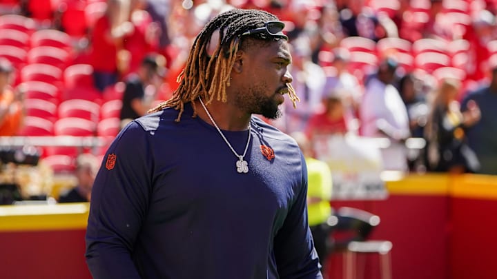 Sep 24, 2023; Kansas City, Missouri, USA; Chicago Bears defensive tackle Zacch Pickens (96) warms up against the Kansas City Chiefs prior to a game at GEHA Field at Arrowhead Stadium. Mandatory Credit: Denny Medley-Imagn Images