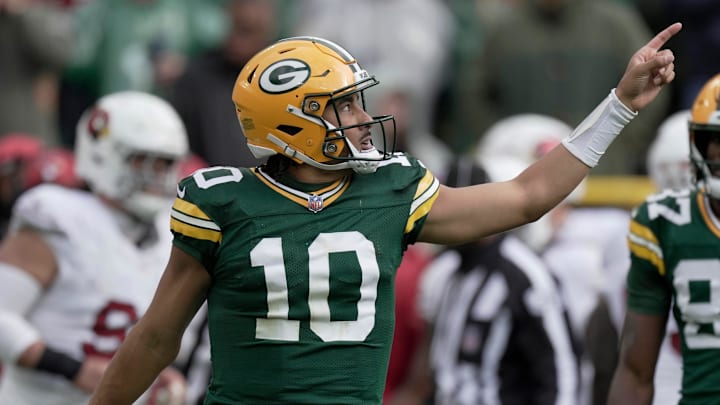 Green Bay Packers quarterback Jordan Love (10) signals first down during the fourth quarter of their game Sunday, October 13, 2024 at Lambeau Field in Green Bay, Wisconsin. The Green Bay Packers beat the Arizona Cardinals 34-13.