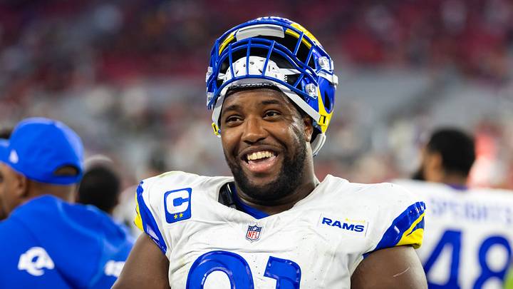 Dec 7, 2025; Glendale, Arizona, USA; Los Angeles Rams  defensive end Kobie Turner (91) against the Arizona Cardinals at State Farm Stadium. Mandatory Credit: Mark J. Rebilas-Imagn Images