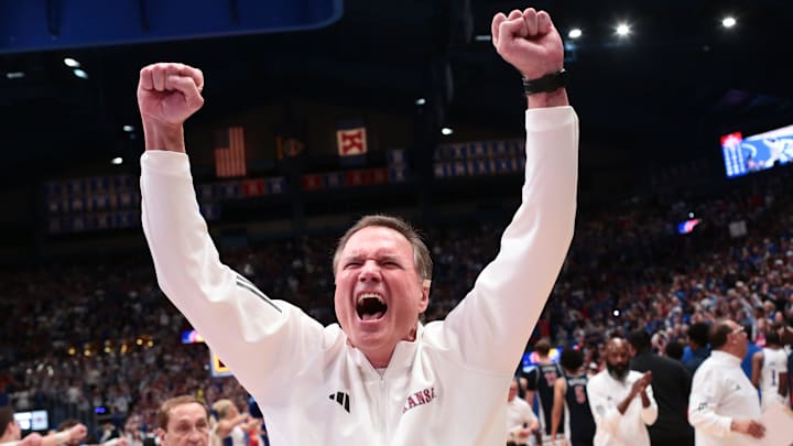 Kansas Jayhawks head coach Bill Self yells out after defeating Arizona Wildcats 82-78 following the game inside Allen Fieldhouse on Feb. 9, 2026.