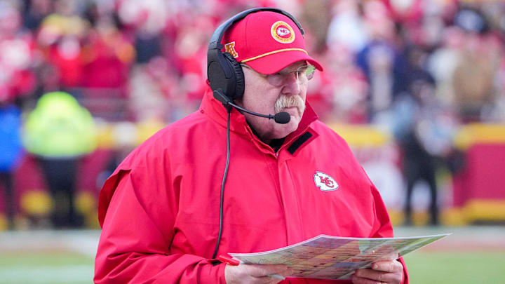 Dec 21, 2024; Kansas City, Missouri, USA; Kansas City Chiefs head coach Andy Reid watches play against the Houston Texans during the second half at GEHA Field at Arrowhead Stadium. Mandatory Credit: Denny Medley-Imagn Images