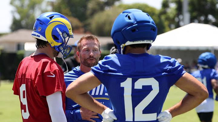 Jul 29, 2026; Los Angeles, CA, USA; Los Angeles Rams head coach Sean McVay talks to quarterback Matthew Stafford (9) and wide receiver Puka Nacua (12) during training camp at Loyola Marymount University. Mandatory Credit: Kiyoshi Mio-Imagn Images Jul 29, 2026; Los Angeles, CA, USA; Los Angeles Rams head coach Sean McVay talks to quarterback Matthew Stafford (9) and wide receiver Puka Nacua (12) during training camp at Loyola Marymount University. Mandatory Credit: Kiyoshi Mio-Imagn Images