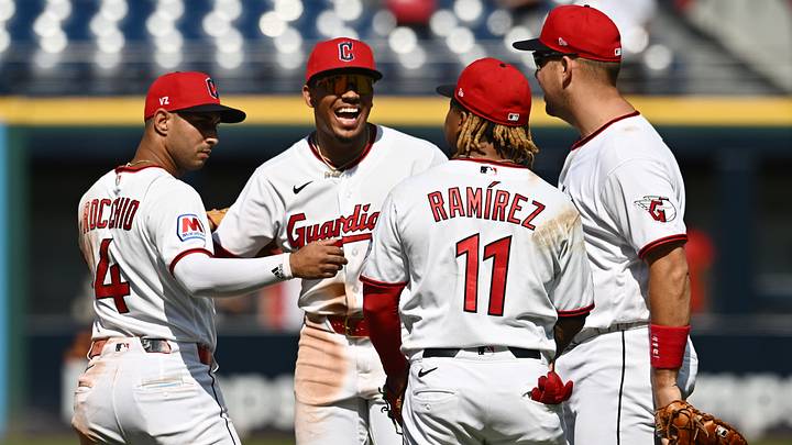 Aug 20, 2026; Cleveland, Ohio, USA; Cleveland Guardians shortstop Brayan Rocchio (4) and second baseman Angel Genao (17) and third baseman Jose Ramirez (11) and first baseman Nathaniel Lowe (46) celebrate after the Guardians beat the San Francisco Giants at Progressive Field. Mandatory Credit: Ken Blaze-Imagn Images