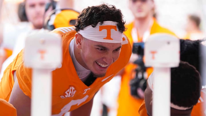 Tennessee quarterback Joey Aguilar (6) smiles on the sidelines during a NCAA football game between Tennessee and Georgia at Neyland Stadium in Knoxville, Tennessee, on September 13, 2025.