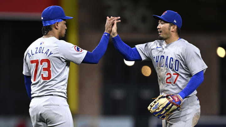 Apr 9, 2024; San Diego, California, USA; Chicago Cubs right fielder Seiya Suzuki (27) and pitcher Adbert Alzolay (73). Apr 9, 2024; San Diego, California, USA; Chicago Cubs right fielder Seiya Suzuki (27) and pitcher Adbert Alzolay (73).