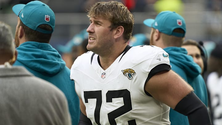 Oct 13, 2024; London, United Kingdom; Jacksonville Jaguars offensive tackle Walker Little (72) during the second half of an NFL International Series game at Tottenham Hotspur Stadium. Mandatory Credit: Peter van den Berg-Imagn Images