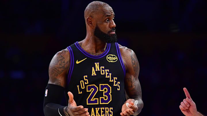 Dec 30, 2025; Los Angeles, California, USA; Los Angeles Lakers forward LeBron James (23) reacts during the second half at Crypto.com Arena. Mandatory Credit: Gary A. Vasquez-Imagn Images Dec 30, 2025; Los Angeles, California, USA; Los Angeles Lakers forward LeBron James (23) reacts during the second half at Crypto.com Arena. Mandatory Credit: Gary A. Vasquez-Imagn Images