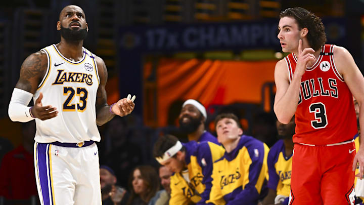 Mar 22, 2025; Los Angeles, California, USA; Los Angeles Lakers forward LeBron James (23) reacts to a foul call against Chicago Bulls guard Josh Giddey (3) during the first half at Crypto.com Arena. Mandatory Credit: Jonathan Hui-Imagn Images