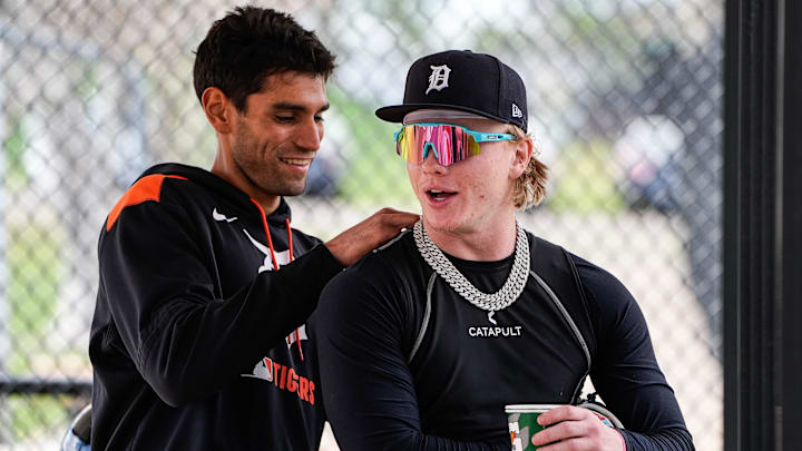 Detroit Tigers minor league outfielder Max Clark, right, gets ready for practice during spring training at TigerTown in Lakeland on Friday, Feb. 20, 2025. Detroit Tigers minor league outfielder Max Clark, right, gets ready for practice during spring training at TigerTown in Lakeland on Friday, Feb. 20, 2025.