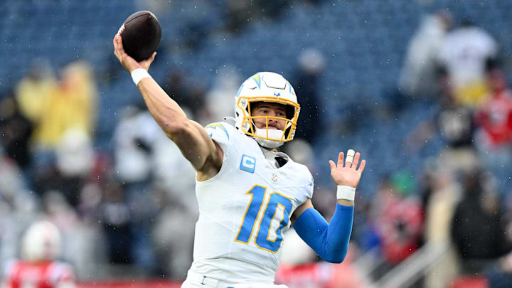 Dec 3, 2023; Foxborough, Massachusetts, USA; Los Angeles Chargers quarterback Justin Herbert (10).