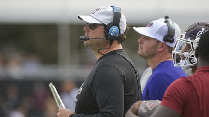 Nov 2, 2024; Starkville, Mississippi, USA; Mississippi State Bulldogs head coach Jeff Lebby watches a play during the first quarter against the Massachusetts Minutemen at Davis Wade Stadium at Scott Field. Mandatory Credit: Matt Bush-Imagn Images