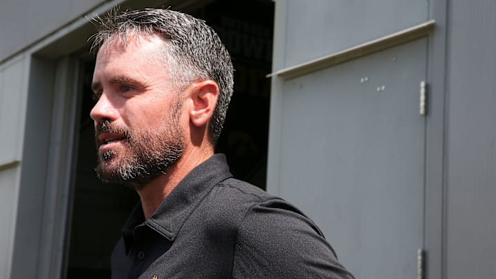 Iowa’s football chief of staff and general manager Tyler Barnes answers questions Friday, Aug. 9, 2024 during Iowa Football’s media day in Iowa City, Iowa. Iowa’s football chief of staff and general manager Tyler Barnes answers questions Friday, Aug. 9, 2024 during Iowa Football’s media day in Iowa City, Iowa.