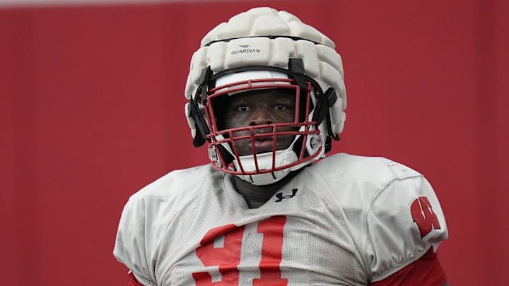 Wisconsin defensive lineman Jamel Howard Jr. (91) is shown during spring football practice Thursday, April 25, 2024 in Madison, Wisconsin. The Wisconsin Badgers football team plays their season opener against Western Michigan on August 31.