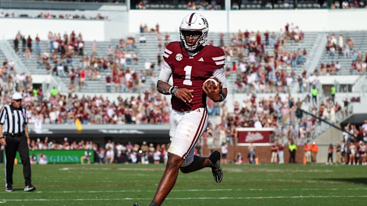 Nov 8, 2025; Starkville, Mississippi, USA; Mississippi State Bulldogs quarterback Kamario Taylor (1) runs for a touchdown against the Georgia Bulldogs during the second half at Davis Wade Stadium at Scott Field. Mandatory Credit: Wesley Hale-Imagn Images Nov 8, 2025; Starkville, Mississippi, USA; Mississippi State Bulldogs quarterback Kamario Taylor (1) runs for a touchdown against the Georgia Bulldogs during the second half at Davis Wade Stadium at Scott Field. Mandatory Credit: Wesley Hale-Imagn Images