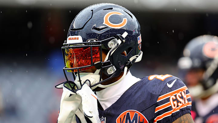 Chicago Bears wide receiver DJ Moore (2) practices against the New Orleans Saints before the game at Soldier Field.