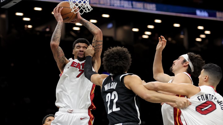 Dec 18, 2025; Brooklyn, New York, USA; Miami Heat center Kel'El Ware (7) grabs a rebound against Brooklyn Nets forward Jalen Wilson (22) during the first quarter at Barclays Center. Mandatory Credit: Brad Penner-Imagn Images Dec 18, 2025; Brooklyn, New York, USA; Miami Heat center Kel'El Ware (7) grabs a rebound against Brooklyn Nets forward Jalen Wilson (22) during the first quarter at Barclays Center. Mandatory Credit: Brad Penner-Imagn Images