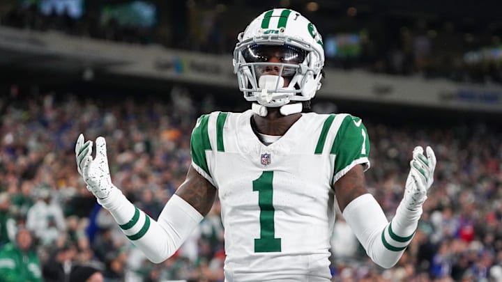 Oct 14, 2024; East Rutherford, New Jersey, USA; New York Jets cornerback Sauce Gardner (1) reacts to a call during the first half against the Buffalo Bills at MetLife Stadium