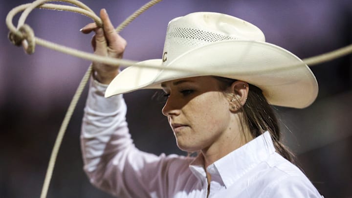 Mattie Turner waits in the chutes before competing in breakaway roping at the St. Paul Rodeo on Tuesday, July 2, 2024 in St. Paul, Ore.