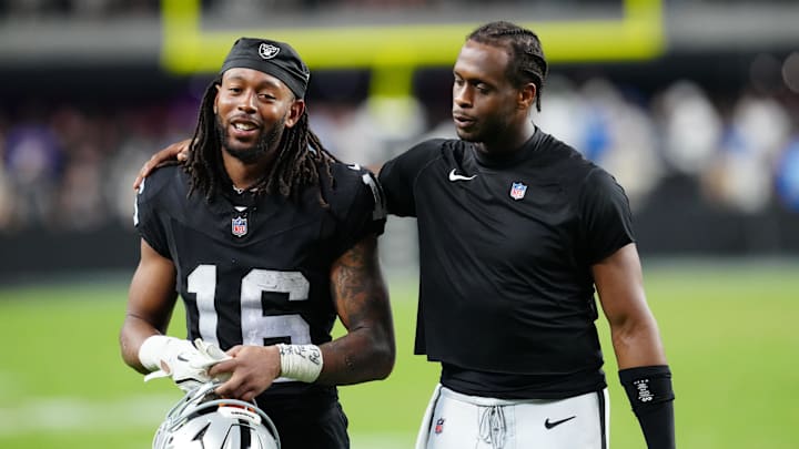 Sep 15, 2025; Paradise, Nevada, USA; Las Vegas Raiders wide receiver Jakobi Meyers (16) and Las Vegas Raiders quarterback Geno Smith (7) walk off the field after the game at Allegiant Stadium. Mandatory Credit: Stephen R. Sylvanie-Imagn Images Sep 15, 2025; Paradise, Nevada, USA; Las Vegas Raiders wide receiver Jakobi Meyers (16) and Las Vegas Raiders quarterback Geno Smith (7) walk off the field after the game at Allegiant Stadium. Mandatory Credit: Stephen R. Sylvanie-Imagn Images