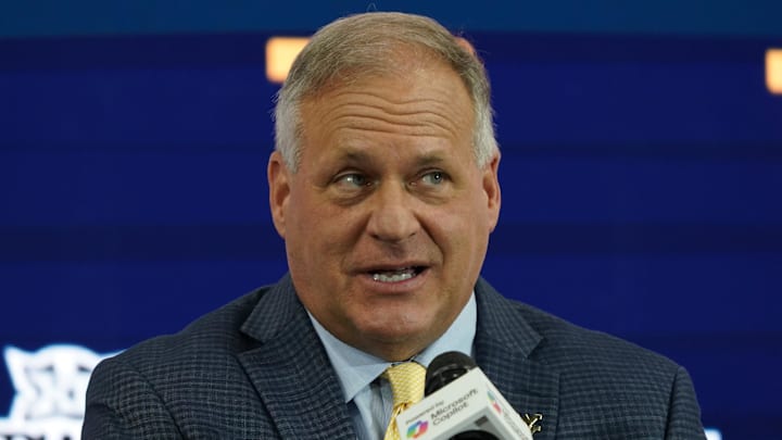 Jul 9, 2025; Frisco, TX, USA; West Virginia head coach Rich Rodriguez speaks with the media during 2025 Big 12 Football Media Days at The Star. Mandatory Credit: Raymond Carlin III-Imagn Images