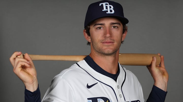 Feb 19, 2026; PortCharlotte, FL, USA; Tampa Bay Rays shortstop Carson Williams (7) poses for a photo during media day.