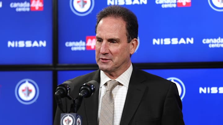 Oct 24, 2025; Winnipeg, Manitoba, CAN; Winnipeg Jets head coach Scott Arniel talks to media after their victory over the Calgary Flames at Canada Life Centre. Mandatory Credit: James Carey Lauder-Imagn Images