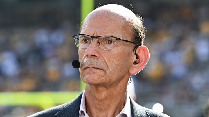 SEC Nation analyst Paul Finebaum looks on prior to the game between the Texas A&M Aggies and the Missouri Tigers.