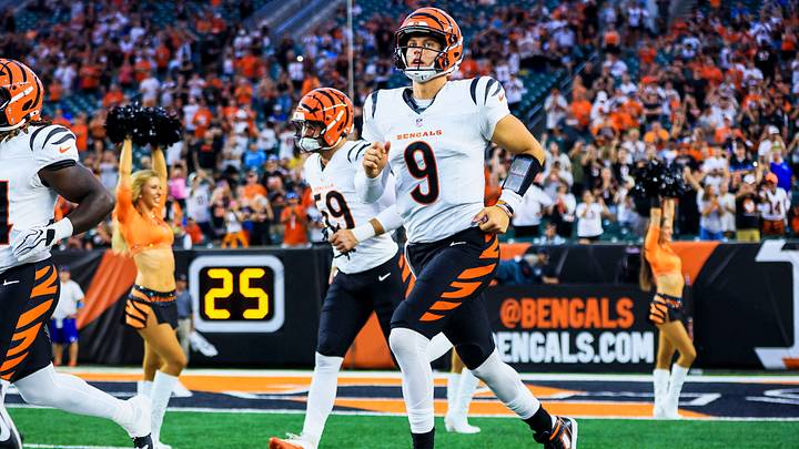 Aug 13, 2026; Cincinnati, Ohio, USA; Cincinnati Bengals quarterback Joe Burrow (9) runs onto the field before the game against the Detroit Lions at Paycor Stadium. Mandatory Credit: Katie Stratman-Imagn Images