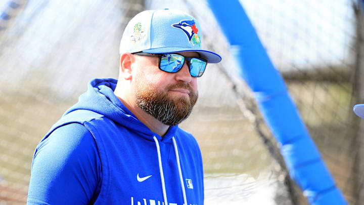 Feb 15, 2026; Dunedin, FL, USA;  Toronto Blue Jays manager John Schneider (14) during spring training practices. Mandatory Credit: Kim Klement Neitzel-Imagn Images