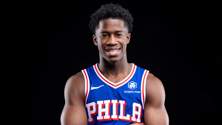 Sep 26, 2025; Camden, NJ, USA; Philadelphia 76ers VJ Edgecombe (77) poses for a photo during media day. Mandatory Credit: Bill Streicher-Imagn Images Sep 26, 2025; Camden, NJ, USA; Philadelphia 76ers VJ Edgecombe (77) poses for a photo during media day. Mandatory Credit: Bill Streicher-Imagn Images